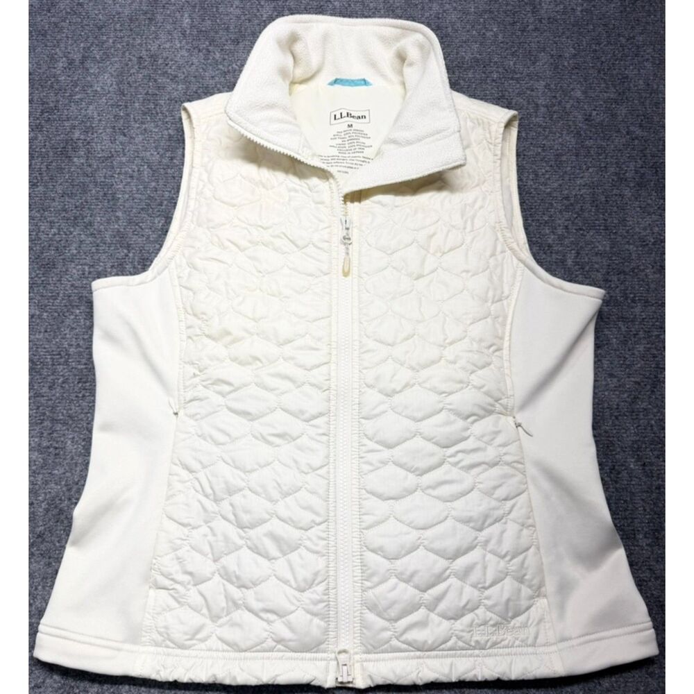 L.L.Bean PrimaLoft Vest Womens M Ivory Quilted Fleece Lined Full Zip Outdoor